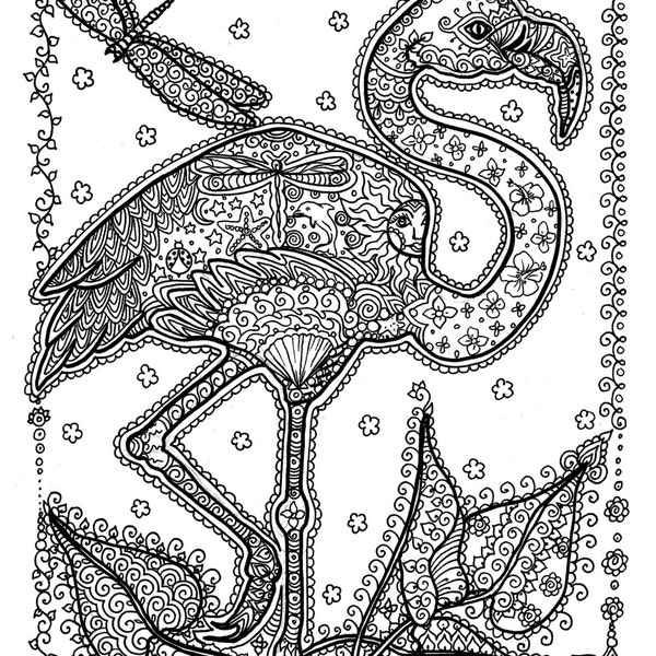 Instant Download Coloring Page Adult Coloring Flamingo Florida Tropical/beach/sea/coloring page,key west