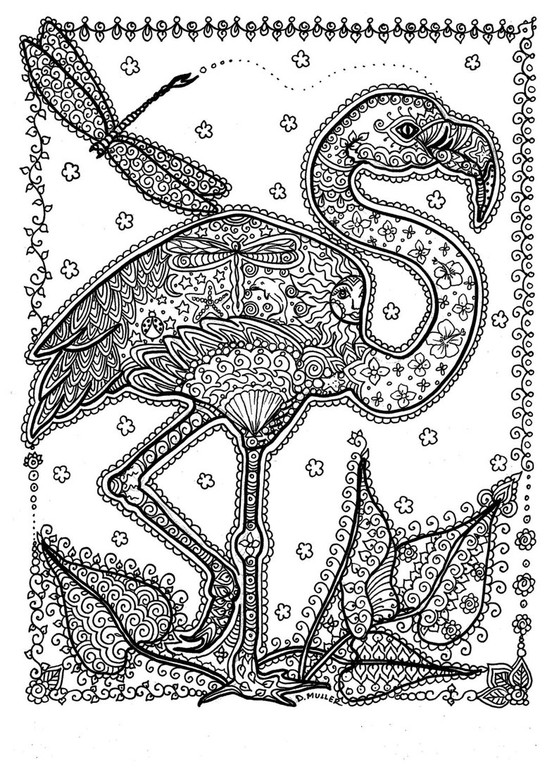 Instant Download Coloring Page Adult Coloring Flamingo Florida Tropical/beach/sea/coloring page,key west image 1