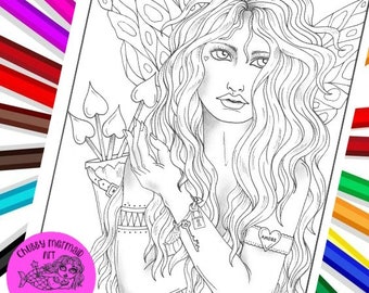 Valentines Fairy. Digital Coloring page for FAEBRUARY! Adult coloring instant Download Fairy Art