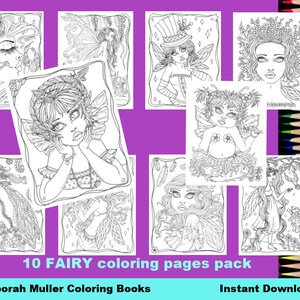 Può includere: Un set di 10 pagine da colorare stampabili con fate dai dettagli intricati. Le pagine sono in bianco e nero e pronte per essere colorate. Il testo "10 FAIRY coloring pages pack" è in fondo all'immagine.