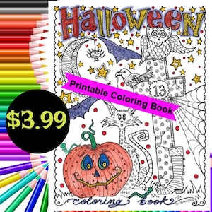 Halloween Digital Coloring Book, adult coloring, color pages, coloring, witch, goblin, bats, fall, scary creatures