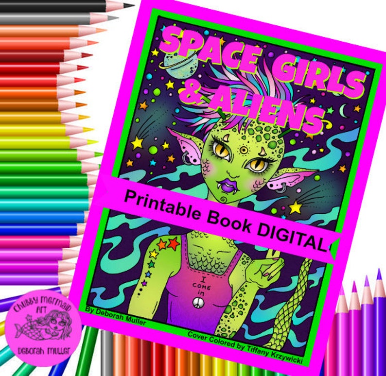 Space Girls and Aliens Digital Coloring book. Fun times in space. Out of this world space girls and aliens. image 1