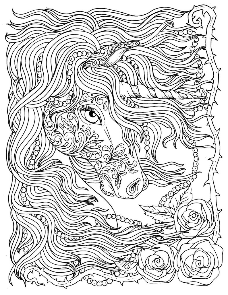 Unicorn and Pearls Fantasy Coloring Page Adult Coloring Instant download Art image 1