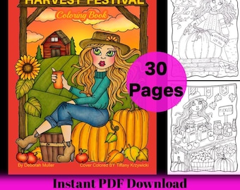 Harvest Festival pdf Coloring Book. Fun and whimsical Fall Festival Coloring. Hand drawn.