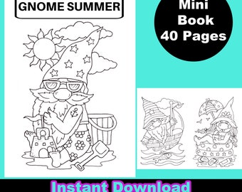 GNOME SUMMER pdf Coloring book. Beautiful, all original art drawn by hand. 40 pages