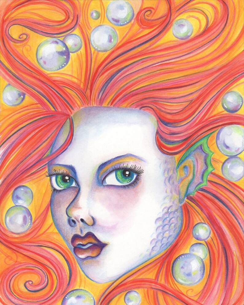 Orange Mermaid Art print Sea Siren prints digital instant Etsy