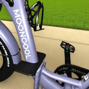 May include: A close-up of a lavender-colored MOONCOOL bicycle frame with a black water bottle holder and pedals. The bicycle tire reads 20x3.0. The MOONCOOL logo is printed in white on the frame.