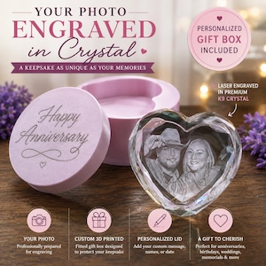 May include: A heart-shaped K9 crystal block featuring a laser-engraved portrait of a person wearing a hat and another person. It is accompanied by a round, light purple gift box with the text Happy Anniversary engraved on the lid.