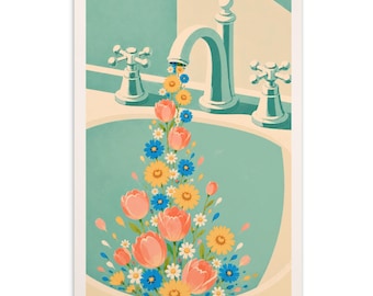 Petite impression d'art drôle de salle de bain, carte postale artistique artistique menthe sarcelle ivoire, décoration de jardin fantaisiste