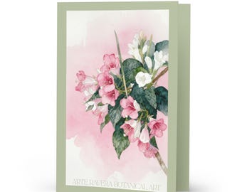 Carte de voeux artistique botanique avec fleurs roses, enveloppe incluse
