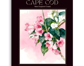 Impression de fleurs côtières de la Nouvelle-Angleterre, affiche de voyage botanique rose sans cadre, décoration de maison de plage