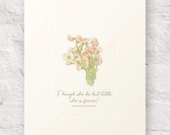 Impression personnalisée de pois de senteur, art mural citation de Shakespeare, chambre de bébé rose et blanc