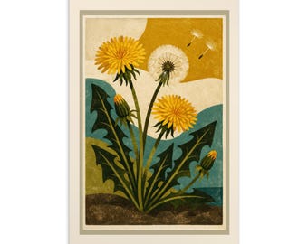 Art abstrait pissenlit, impression de fleurs rétro, petite carte postale artistique en tons neutres, or et bleu sarcelle