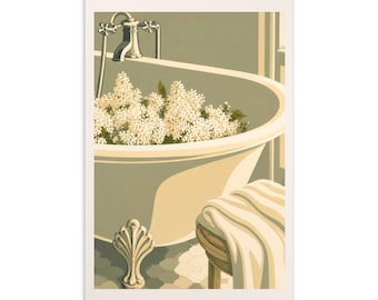 Impression de baignoire botanique vert sauge, art floral de salle de bain lilas (4 x 6)
