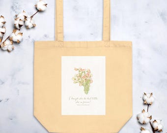 Sac fourre-tout aquarelle pois de senteur, sac réutilisable botanique citation de Shakespeare