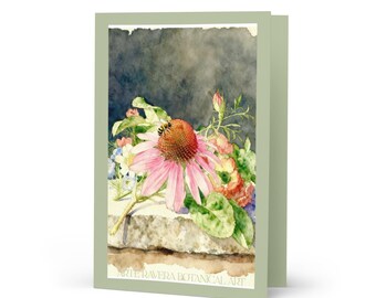 Carte de voeux vierge aquarelle botanique artistique, impression de fleurs roses pourpres et d'abeilles, enveloppe incluse