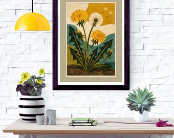 Impression de fleurs abstraites, affiche d'art rétro artistique pissenlit dans des tons neutres, or et bleu sarcelle, sans cadre