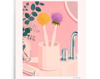 Art mural rose de salle de bain, impression de brosse à dents de fleurs fantaisistes, charmante décoration florale de bain