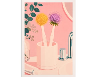 Petite oeuvre d'art murale rose pour salle de bain, brosse à dents à fleurs fantaisiste, impression 4 x 6, charmante décoration florale pour le bain