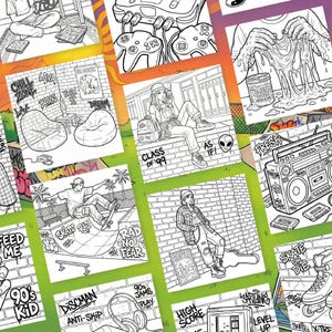 May include: Black and white illustrations depicting 90s themes. Scenes include a boombox, skateboarders, a girl with a backpack, and text that says "Class of '99", "Skate Rad", and "90's Kid".