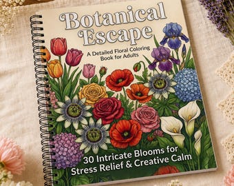 May include: A spiral-bound coloring book titled Botanical Escape: A Detailed Floral Coloring Book for Adults, featuring a colorful illustration of various flowers including tulips, roses, poppies, and irises with the text 30 Intricate Blooms for Stress Relief & Creative Calm.