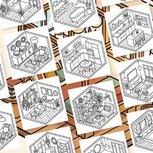 May include: A collection of black and white line art illustrations of various rooms, including bedrooms, kitchens, and living rooms. Each room is depicted inside a hexagonal frame, showcasing furniture and decor.