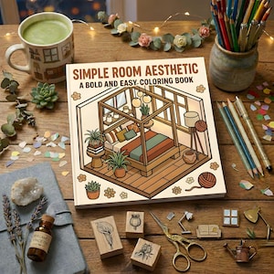 Puede incluir: Un libro para colorear titulado "SIMPLE ROOM AESTHETIC" con un dibujo de un dormitorio, una taza de matcha, lápices de colores y objetos decorativos sobre una superficie de madera. La portada del libro presenta un diseño audaz y fácil de colorear.