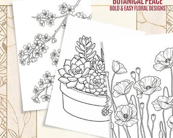 Botanical Coloring Book Printable | Bold Easy Floral Coloring Pages | Relaxing Flower Coloring Book PDF for Adults