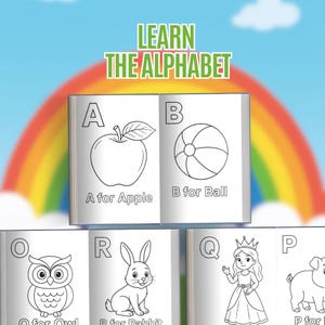 May include: A children's alphabet book with illustrations of an apple, ball, owl, rabbit, princess, and pig. The book has the text "LEARN THE ALPHABET" at the top. A rainbow and blue sky are in the background.