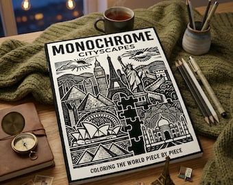 Monochrome Cityscapes Coloring Book | Architecture & Landmark Coloring Book for Adults | Detailed Travel Art Gift