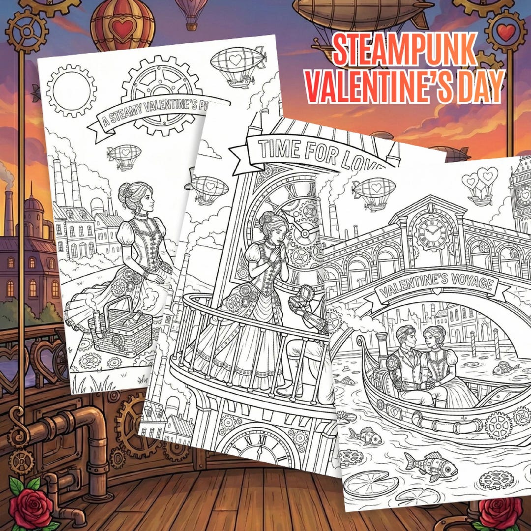 Steampunk Valentine’s Day Coloring Pages | Printable Adult Coloring ...