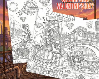 Steampunk Valentine’s Day Coloring Pages | Printable Adult Coloring Book | Romantic Clockwork Art | Instant Download