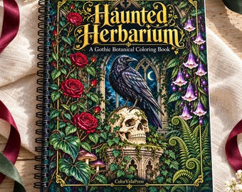 May include: A spiral-bound coloring book titled Haunted Herbarium: A Gothic Botanical Coloring Book. The cover features a black raven perched on a human skull, surrounded by red roses, purple bell-shaped flowers, ferns, and stone arches.