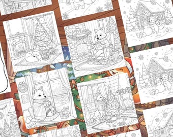 May include: A collection of black and white coloring pages featuring foxes in winter scenes. The illustrations depict foxes in cozy settings, such as reading by a fireplace, decorating a Christmas tree, and enjoying a meal. Snowflakes and festive decorations are also present.