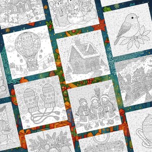 May include: A collection of grayscale coloring book pages featuring winter and holiday themes. Images include snowmen, houses, a hot air balloon, mittens, carolers, a bird, and a train. The pages are arranged on a decorative background.