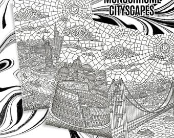 Monochrome Cityscapes Coloring Book Printable | Architecture & Landmark Coloring Pages | Detailed Adult Travel Coloring PDF