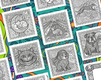 Psychedelic Paws Printable Coloring Book for Adults, Trippy Groovy Animals, Digital Download PDF, Groovy Cat and Dog Coloring Pages, Fantasy