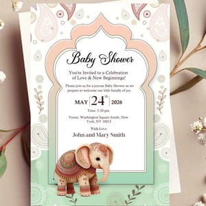 Elefant-Babyparty-Einladung Digitaler Download | Bearbeitbar Einladen | Traditionelles indisches Thema | Individuell anpassbare druckbare PDF | Sofort Download