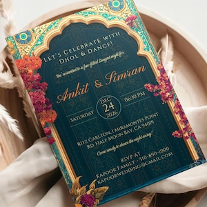 Puede incluir: Tarjeta de invitación turquesa con detalles dorados y diseños florales. Anuncia "Let's Celebrate with Dhol & Dance!" y los nombres "Ankit & Simran". La fecha es el 24 de diciembre de 2026 a las 18:30.