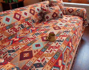 Boho Chenille Couch Cover / Washable Ethnic Pattern Sofa Cover / All-Season SlipCover / Home Decor /Couch Throw Blanket /Gift For Her