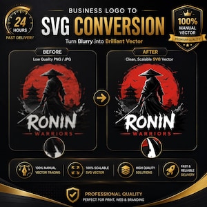 Pode incluir: Um anúncio de serviço de design gráfico mostrando uma comparação antes e depois de um logotipo de guerreiro Ronin. A imagem apresenta uma silhueta de samurai contra um sol vermelho, com o texto RONIN WARRIORS, demonstrando a conversão para vetor.