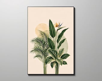 May include: A framed vertical wall art print featuring a botanical illustration of a bird of paradise flower and various green palm leaves. The composition is set against a light cream background with two overlapping circular shapes in soft beige and pale green.