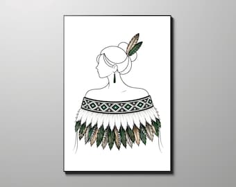 May include: A line art illustration of a person in profile wearing a garment adorned with layers of white, green, and brown feathers. The person has a feather in their hair and a green earring. The garment features a geometric diamond pattern.
