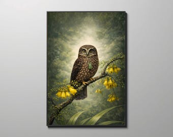 May include: A framed art print featuring a detailed illustration of a brown owl perched on a branch with yellow flowers. The owl has large, expressive eyes and is set against a soft, green background.