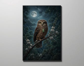 May include: A framed print of an owl perched on a branch, set against a moonlit forest backdrop. The owl has brown and white speckled feathers and a green tag. White blossoms and dark green foliage frame the owl, with a full moon in the night sky.