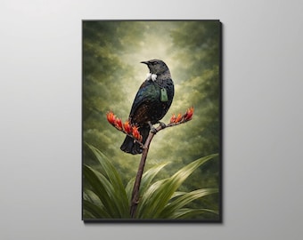 May include: A framed art print featuring a Tui bird perched on a flowering plant. The bird has iridescent black and green feathers, a white throat tuft, and a green tag. The plant has red flowers and green leaves, set against a soft, green background.