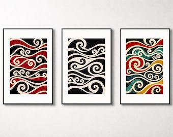May include: Three framed art prints with abstract wave designs. Each print features a black frame and a white mat. The artwork showcases swirling patterns in red, black, cream, teal, and yellow, creating a vibrant and modern aesthetic.