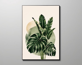 May include: A framed wall art print featuring a cluster of dark green monstera and banana leaves layered over a large, pale green circular watercolor shape and a smaller, soft beige circle, all set against a solid off-white background.
