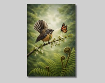 May include: A detailed painting of a bird perched on a flowering branch, with a butterfly nearby. The bird has brown, orange, and white feathers. The background is a soft green with ferns and foliage.