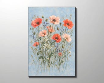 May include: A framed wall art print featuring a botanical illustration of red and pale pink poppies mixed with small white daisies and purple wildflowers. The flowers are set against a textured, light blue background with green stems and buds.